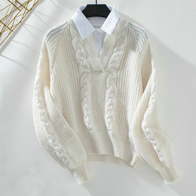 Women's Casual Shirt Collar Stitching Pullover Long Sleeve Knitted Sweater Top