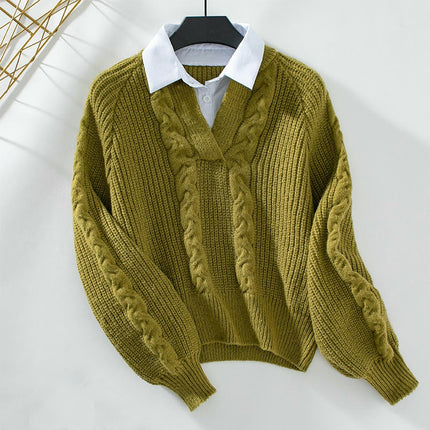 Women's Casual Shirt Collar Stitching Pullover Long Sleeve Knitted Sweater Top