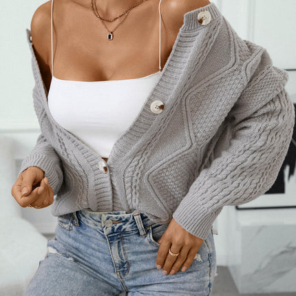 Women's Solid Color Button Knit Cardigan Loose Casual Long Sleeve Sweater Jacket