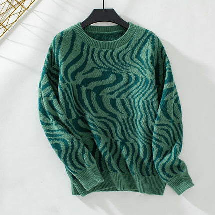 Women's Zebra Print Crew Neck Sweater Casual Loose Long Sleeve Knit Top