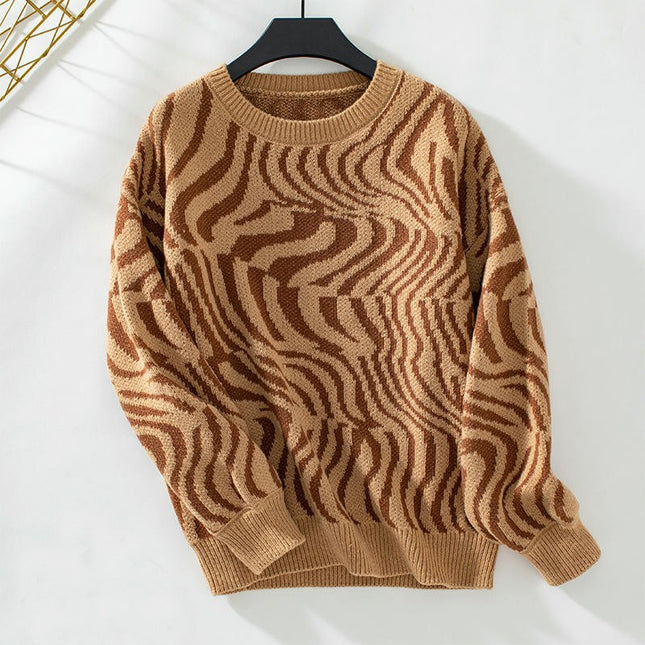 Women's Zebra Print Crew Neck Sweater Casual Loose Long Sleeve Knit Top