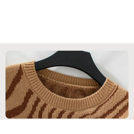 Women's Zebra Print Crew Neck Sweater Casual Loose Long Sleeve Knit Top