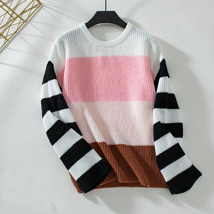 Women's Contrast Striped Crew Neck Sweater Casual Loose Long Sleeve Knit Top