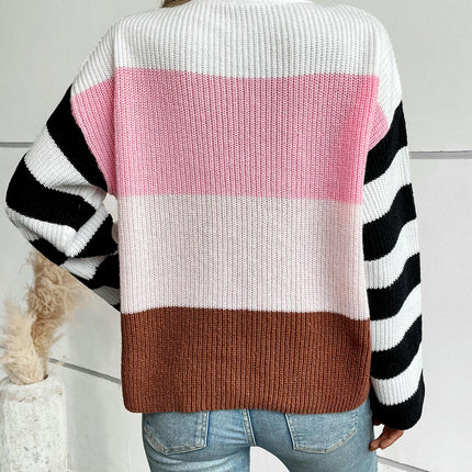 Women's Contrast Striped Crew Neck Sweater Casual Loose Long Sleeve Knit Top
