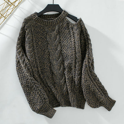 Women's Crew Neck Cable Sweater Sexy Off Shoulder Long Sleeve Casual Knit Top