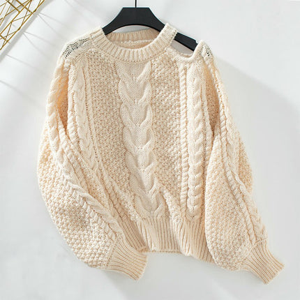 Women's Crew Neck Cable Sweater Sexy Off Shoulder Long Sleeve Casual Knit Top
