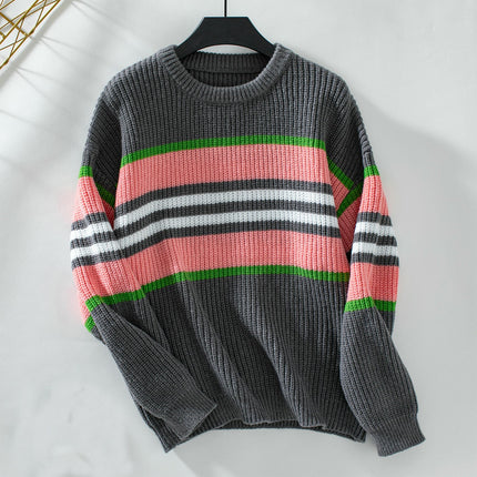 Women's Rainbow Striped Sweater Round Neck Long Sleeve Casual Loose Knit Top