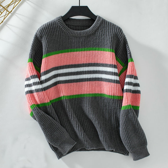 Women's Rainbow Striped Sweater Round Neck Long Sleeve Casual Loose Knit Top