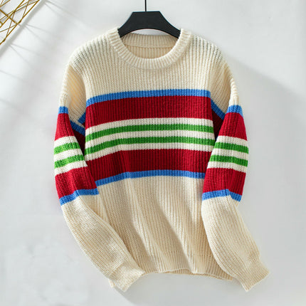 Women's Rainbow Striped Sweater Round Neck Long Sleeve Casual Loose Knit Top