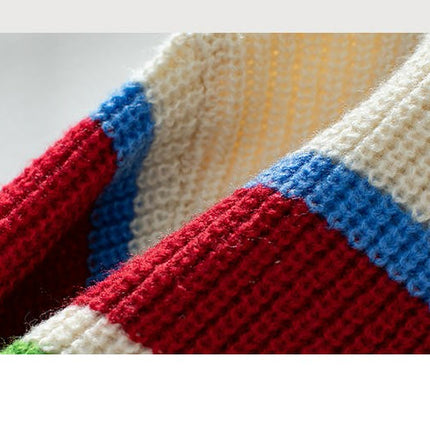 Women's Rainbow Striped Sweater Round Neck Long Sleeve Casual Loose Knit Top