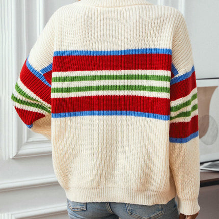 Women's Rainbow Striped Sweater Round Neck Long Sleeve Casual Loose Knit Top