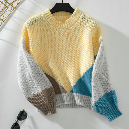 Women's Contrast Chunky Knit Sweater Round Neck Long Sleeve Casual Loose Top