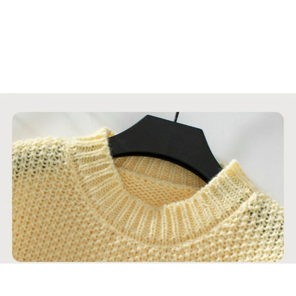Women's Contrast Chunky Knit Sweater Round Neck Long Sleeve Casual Loose Top