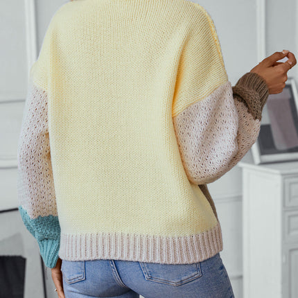 Women's Contrast Chunky Knit Sweater Round Neck Long Sleeve Casual Loose Top