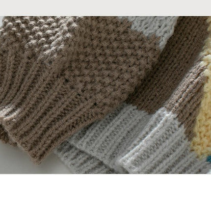 Women's Contrast Chunky Knit Sweater Round Neck Long Sleeve Casual Loose Top
