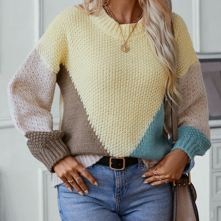 Women's Contrast Chunky Knit Sweater Round Neck Long Sleeve Casual Loose Top