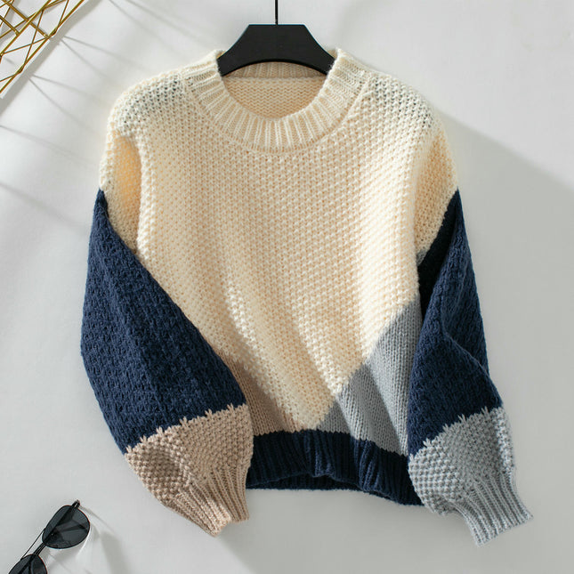 Women's Contrast Chunky Knit Sweater Round Neck Long Sleeve Casual Loose Top