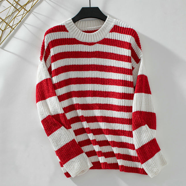 Women's Striped Chenille Sweater Crew Neck Long Sleeve Casual Loose Tops