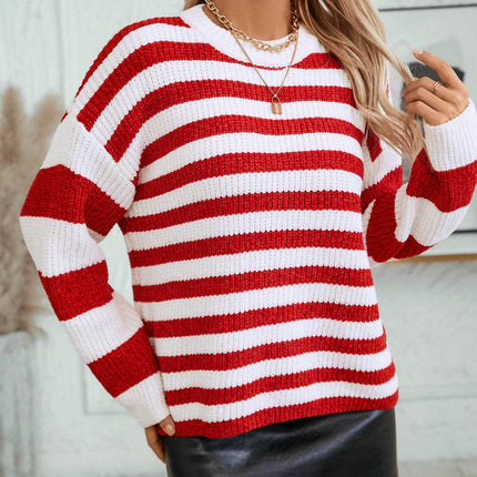 Women's Striped Chenille Sweater Crew Neck Long Sleeve Casual Loose Tops