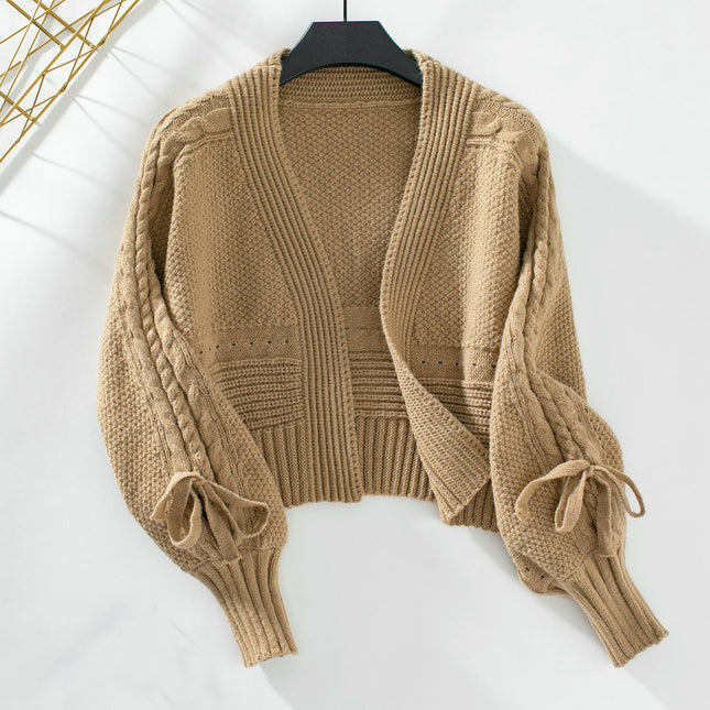 Women's Short Bow Tie Knitted Cardigan Jacket Autumn Long Sleeve Sweater