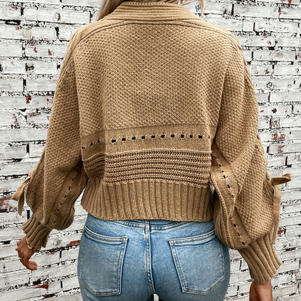Women's Short Bow Tie Knitted Cardigan Jacket Autumn Long Sleeve Sweater