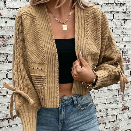Women's Short Bow Tie Knitted Cardigan Jacket Autumn Long Sleeve Sweater