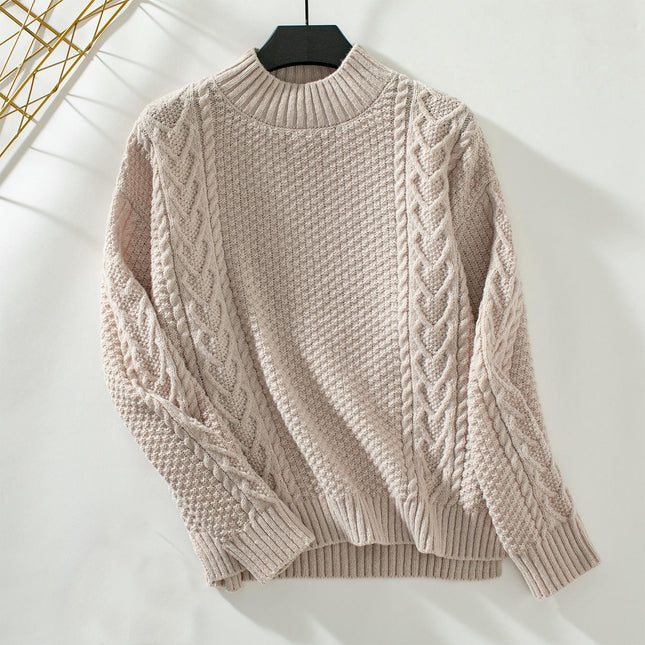 Women's Half Turtleneck Knitted Sweater Round Neck Long Sleeve Casual Slit Top
