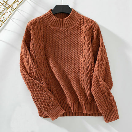 Women's Half Turtleneck Knitted Sweater Round Neck Long Sleeve Casual Slit Top