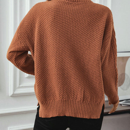 Women's Half Turtleneck Knitted Sweater Round Neck Long Sleeve Casual Slit Top