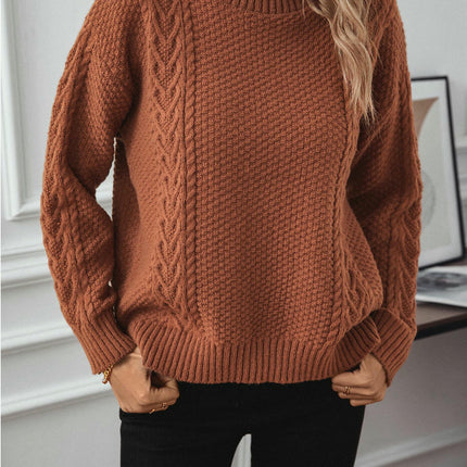 Women's Half Turtleneck Knitted Sweater Round Neck Long Sleeve Casual Slit Top