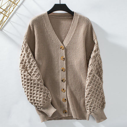 Women's V-neck Knitted Cardigan Autumn Lantern Sleeve Button Casual Loose Coat