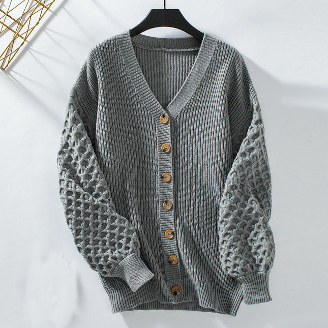 Women's V-neck Knitted Cardigan Autumn Lantern Sleeve Button Casual Loose Coat