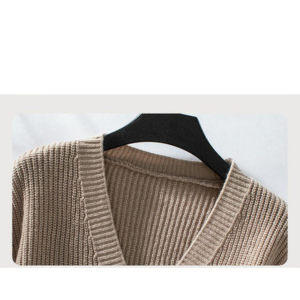 Women's V-neck Knitted Cardigan Autumn Lantern Sleeve Button Casual Loose Coat
