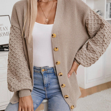 Women's V-neck Knitted Cardigan Autumn Lantern Sleeve Button Casual Loose Coat