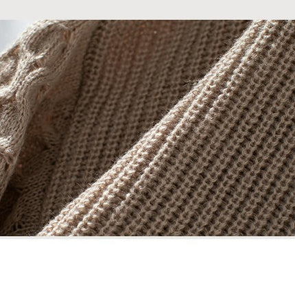 Women's V-neck Knitted Cardigan Autumn Lantern Sleeve Button Casual Loose Coat