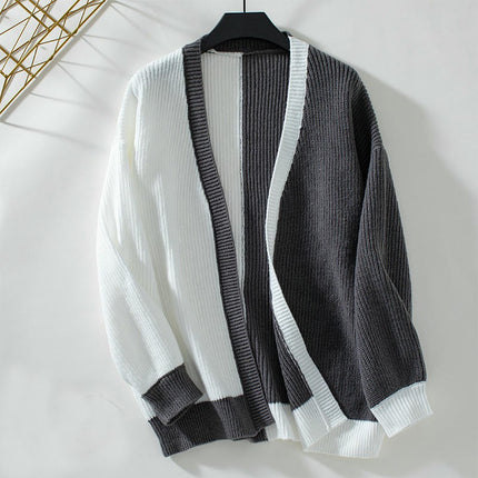 Women's Colorblock Knitted Cardigan - Autumn Long Sleeve Loose Sweater Jacket