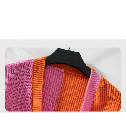 Women's Colorblock Knitted Cardigan - Autumn Long Sleeve Loose Sweater Jacket