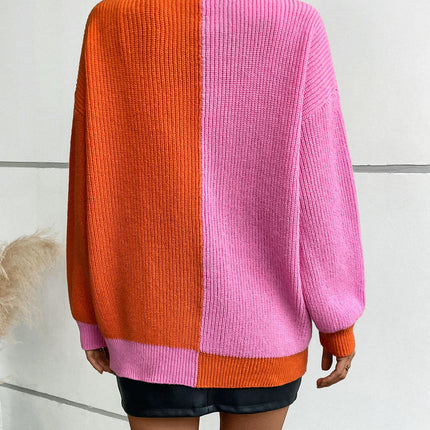 Women's Colorblock Knitted Cardigan - Autumn Long Sleeve Loose Sweater Jacket