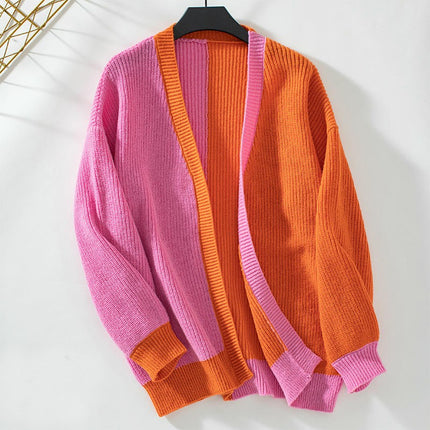 Women's Colorblock Knitted Cardigan - Autumn Long Sleeve Loose Sweater Jacket
