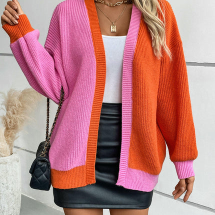 Women's Colorblock Knitted Cardigan - Autumn Long Sleeve Loose Sweater Jacket