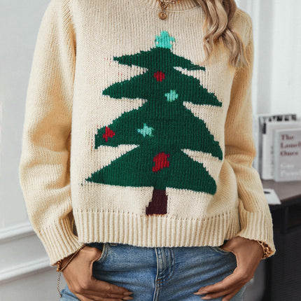 Women's Rolled Neck Christmas Tree Knit Cardigan Long Sleeve Casual Sweater Top