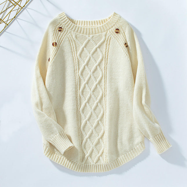 Women's Solid Color Pullover Knitted Long Sleeve Casual Button Sweater Tops