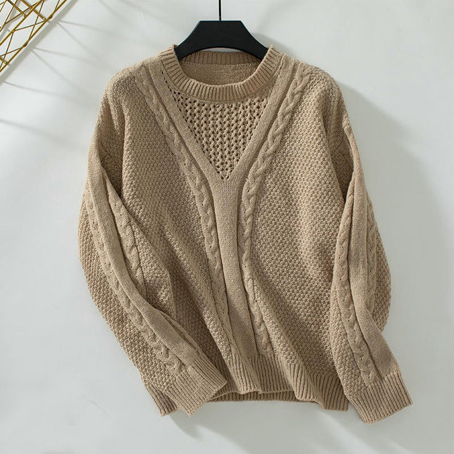 Womens Sweaters Crewneck Elegant Long Sleeve Hollow Cable Knit Pullover Tops