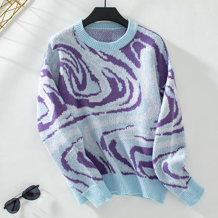 Women's Abstract Jacquard Knit Sweater Round Neck Long Sleeve Casual Sweater Top