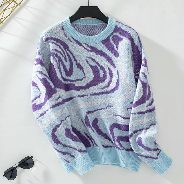 Women's Abstract Jacquard Knit Sweater Round Neck Long Sleeve Casual Sweater Top
