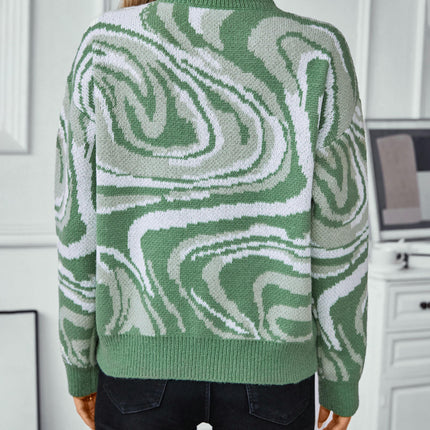 Women's Abstract Jacquard Knit Sweater Round Neck Long Sleeve Casual Sweater Top