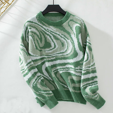 Women's Abstract Jacquard Knit Sweater Round Neck Long Sleeve Casual Sweater Top