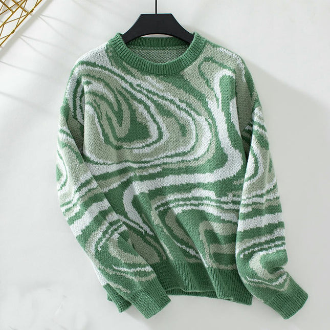 Women's Abstract Jacquard Knit Sweater Round Neck Long Sleeve Casual Sweater Top