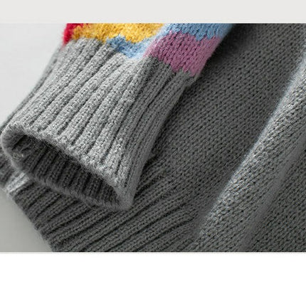 Women's Rainbow Striped Jacquard Sweater Round Neck Long Sleeve Casual Sweater