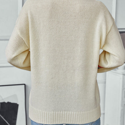 Women's Rainbow Striped Jacquard Sweater Round Neck Long Sleeve Casual Sweater